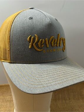 Revelry Brewing Company Charleston SC Mesh Snap Back Hat Yellow Gray Beer